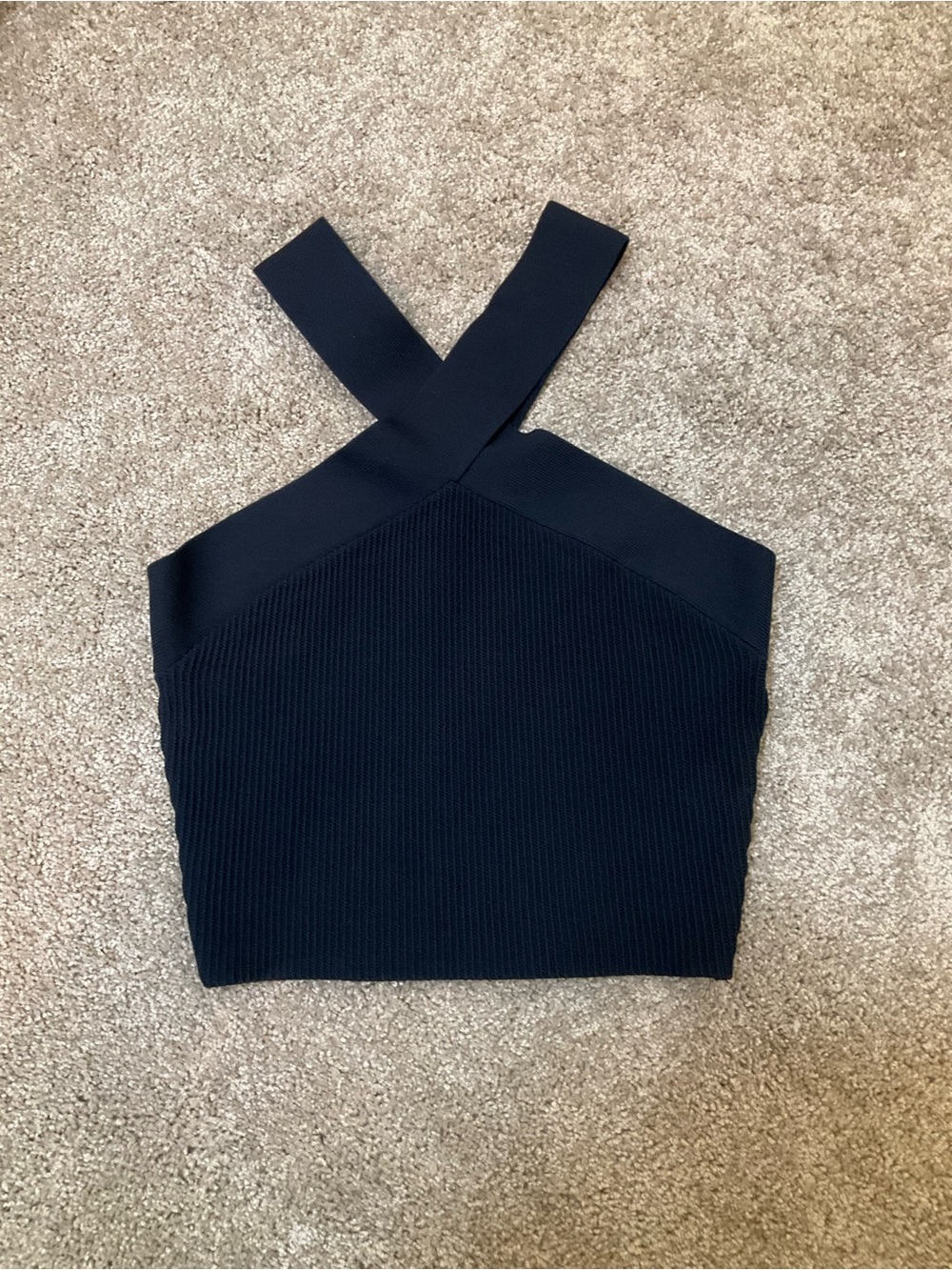 Babaton Sculpt Knit Cross Crop Top Navy Ribbed NWT Size S